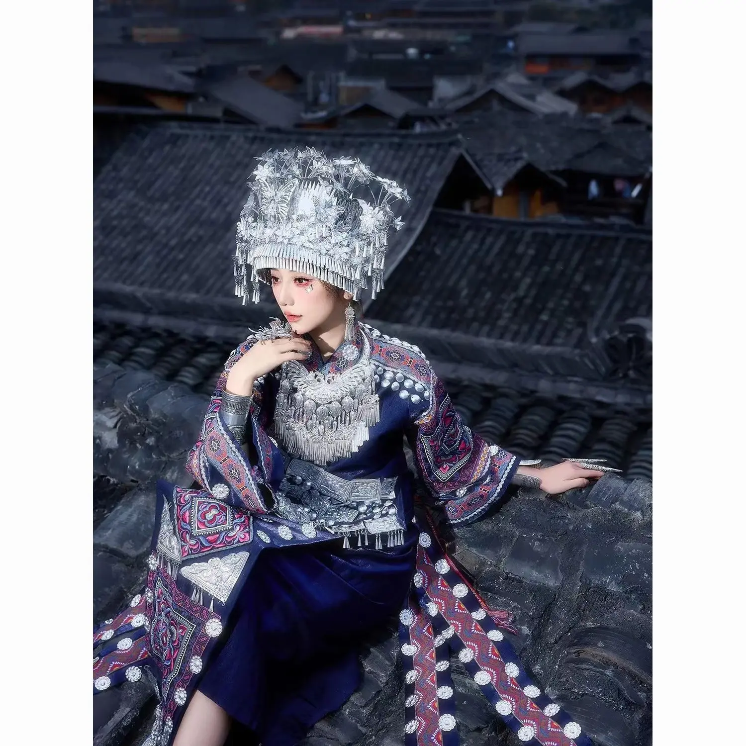 Women's Hmong Miao 2-Piece Blue Jacket & Skirt Set, Fashion Accessory Set for Stage, Photo Shoots, Fit for Styling Needs