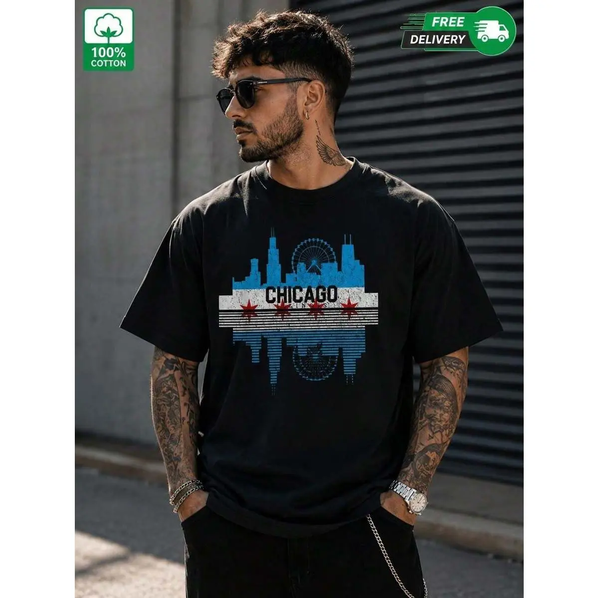 Chicago City Skyline Flag Graphic Tshirt Men 100% Cotton, Distressed Landmark Print Crew Neck Cotton Tees, Breathable Loose Short Sleeve Summer Casual