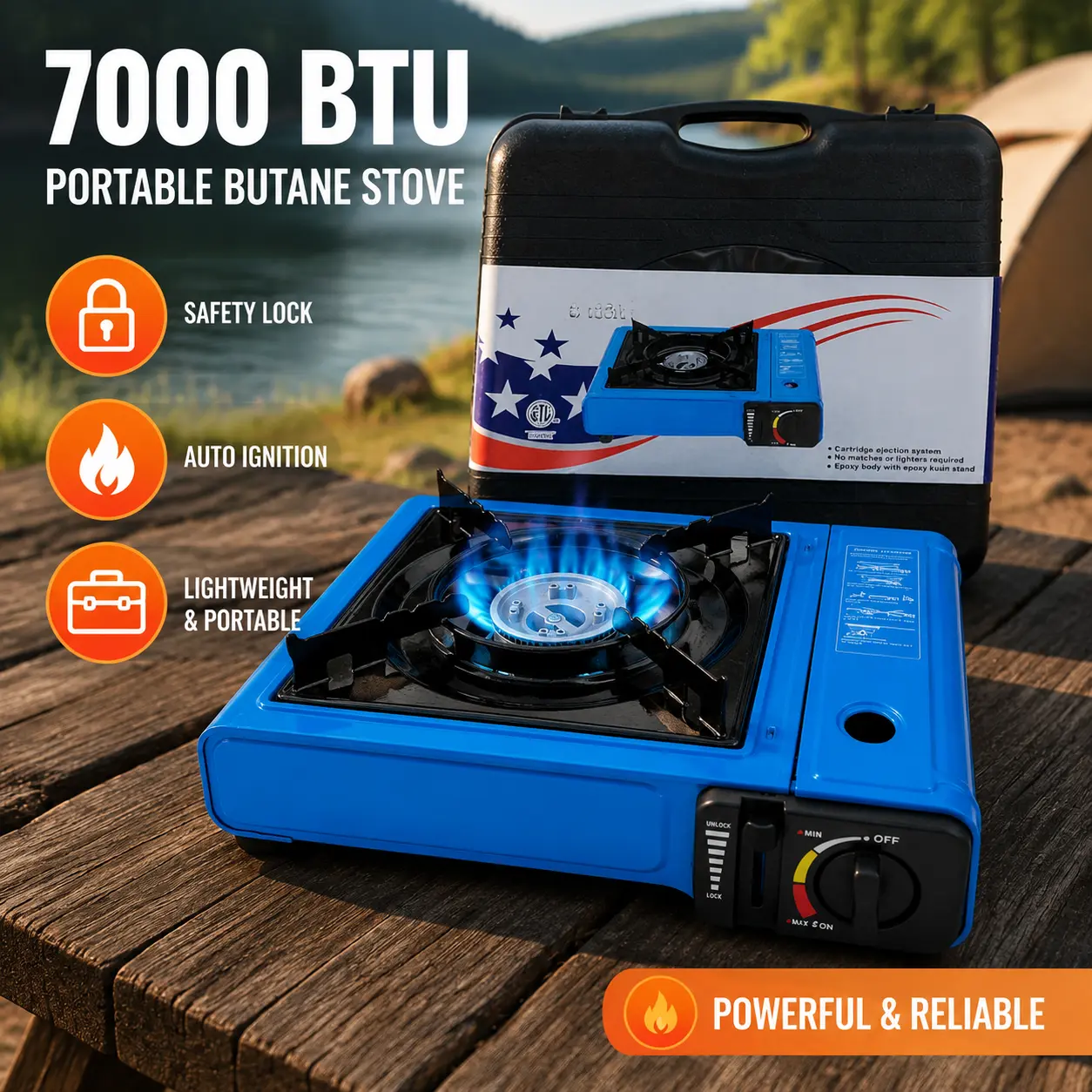 Portable Butane Stove - 7000 BTU Blue Compact Lightweight Stove with Auto Ignition, Safety Lock for Camping, Outdoor Cooking, Unisex