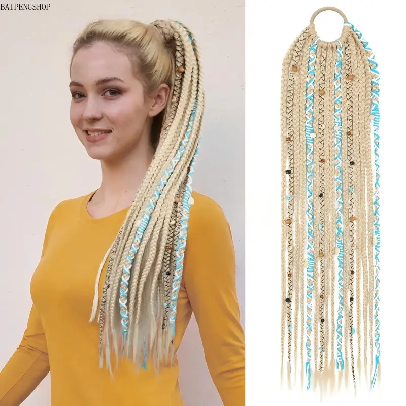 2026 Boho Hand-Braided Ponytail Hair Extension With Elastic Hair Tie, 24 Inch Long Viking Dreadlock Ponytail Decorated With Metal Beads, Lightweight Natural Synthetic Blonde Hairpiece, Trendy Hair Accessory For Music Festivals, Cosplay, Party & Daily Styl