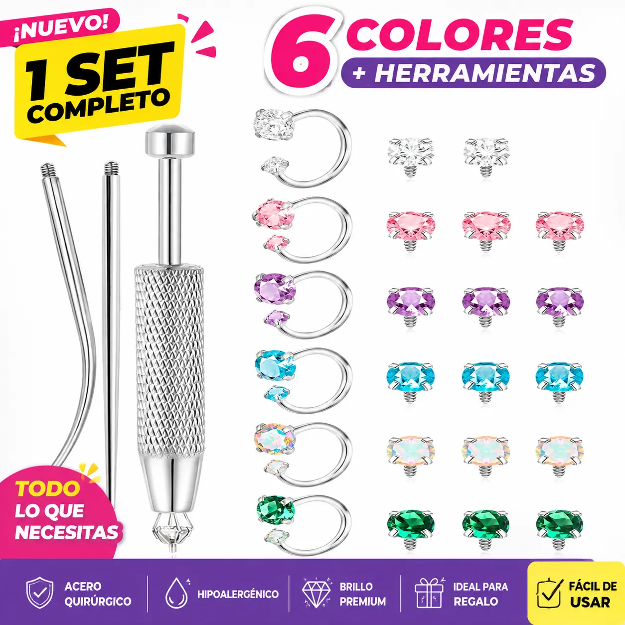 6pcs Value Pack 316L medical-grade titanium steel 18G 1.0mm Horseshoe Nose Hoop Internally Threaded Gems Nose Ring with Free Ball Holder & Guiding Needle