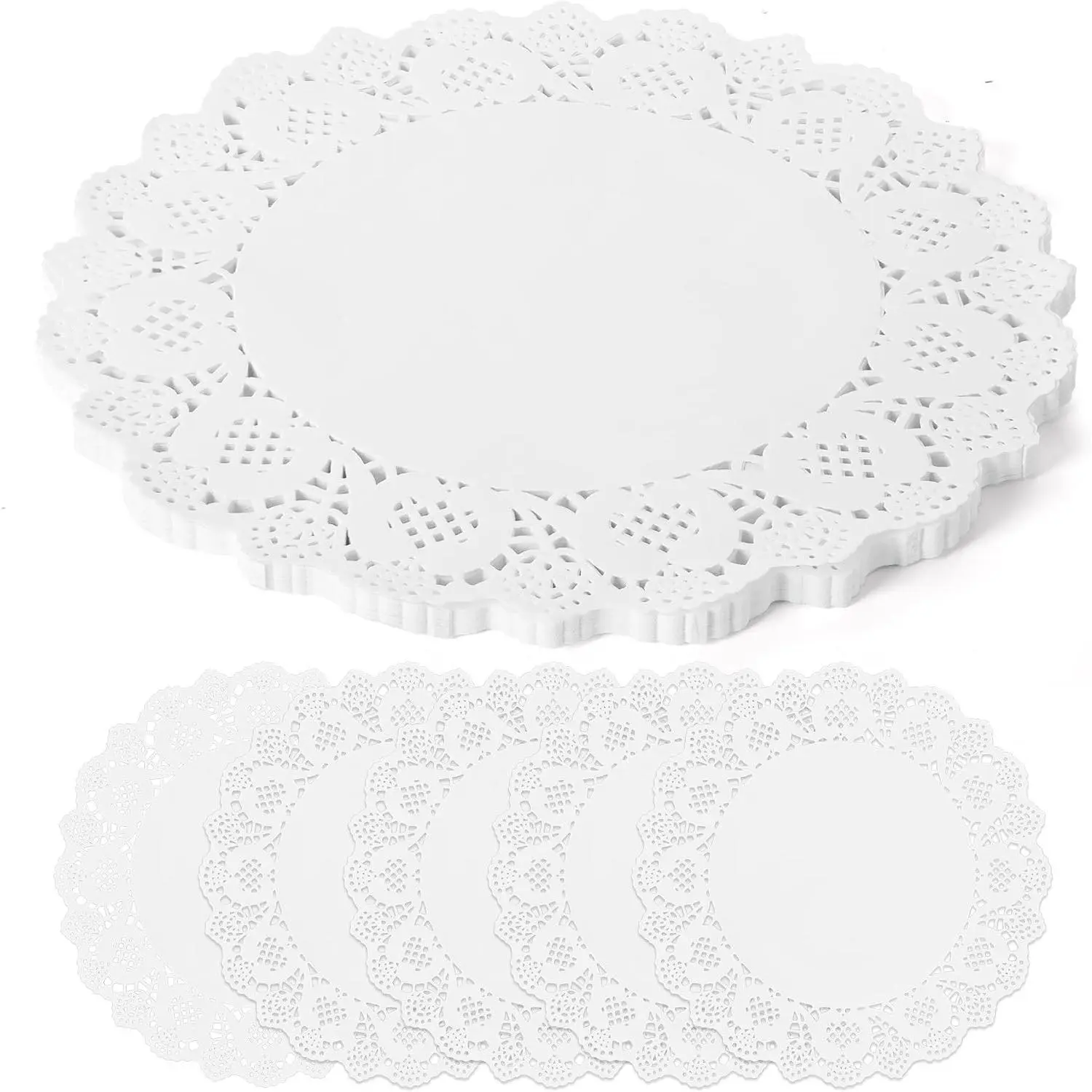 100 Packs White Lace Paper Placemats, 13.5 Inch Round Doilies, 50 GSM Heavy-Duty Food-Contact Disposable Leak-Proof Table Mats for Dessert Table, Wedding, Party Setting