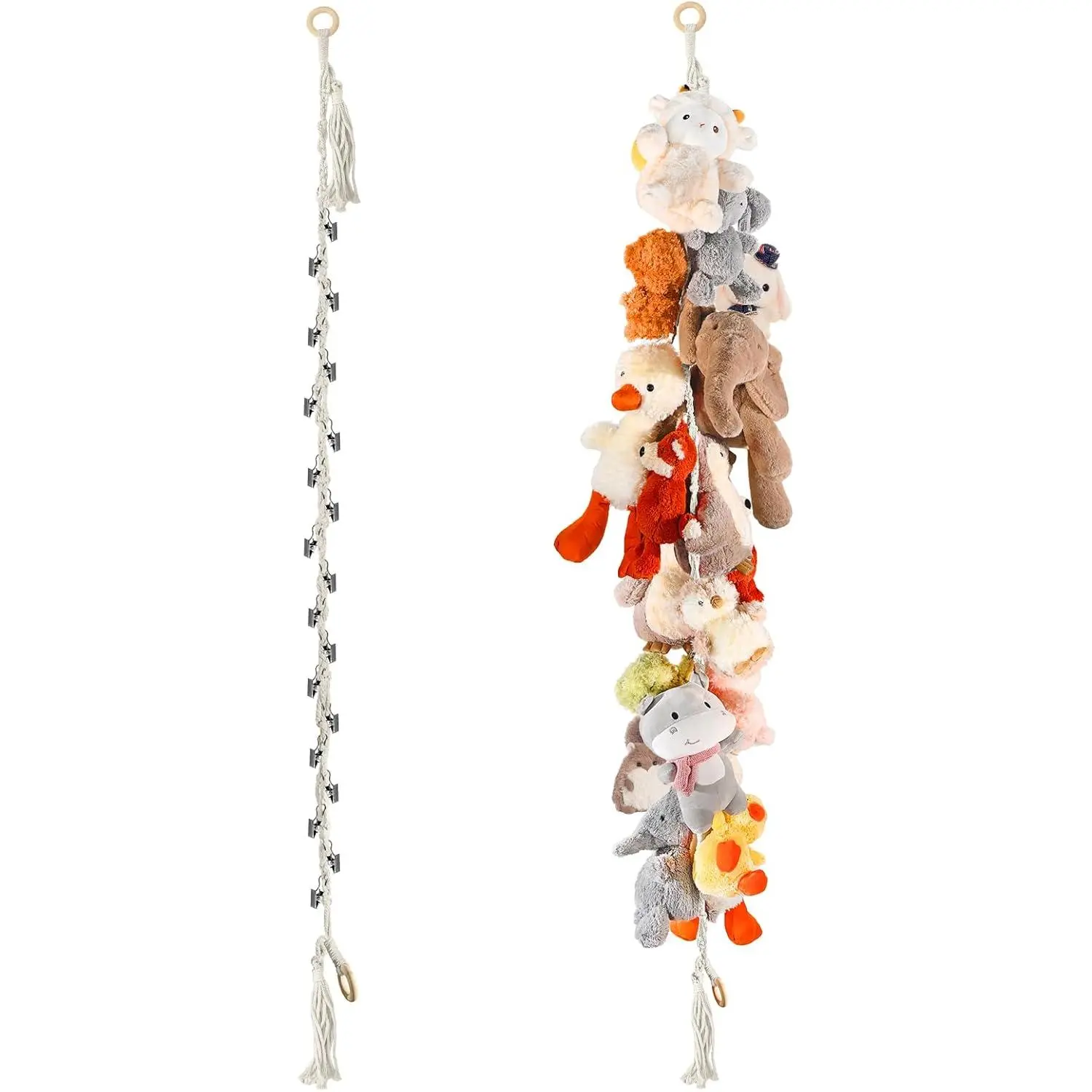 Stuffed Animal Storage Chain with 20 Clips, Space-Saving Cotton Rope Plush Toy Holder for Nursery, Kids Bedroom and Playroom Wall Decor