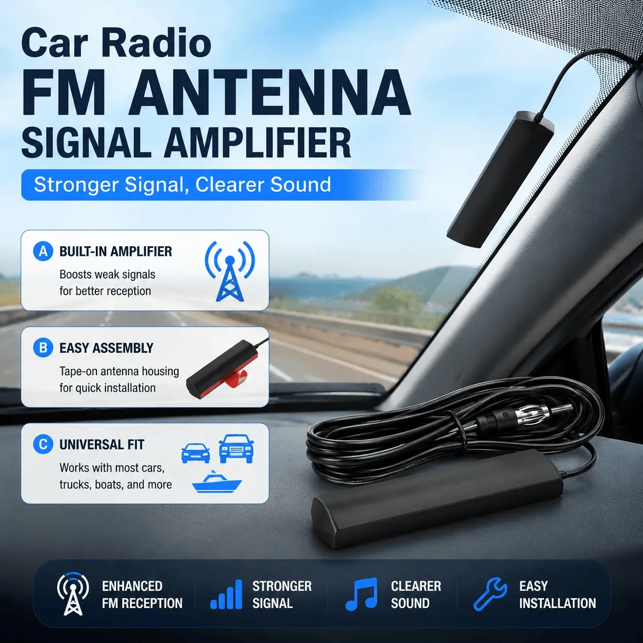 Car FM AM Radio Signal Booster Antenna Amplifier, Enhanced Reception for Car Truck Boat RV, Clearer Audio & Noise Reduction, Easy Installation Universal Fit