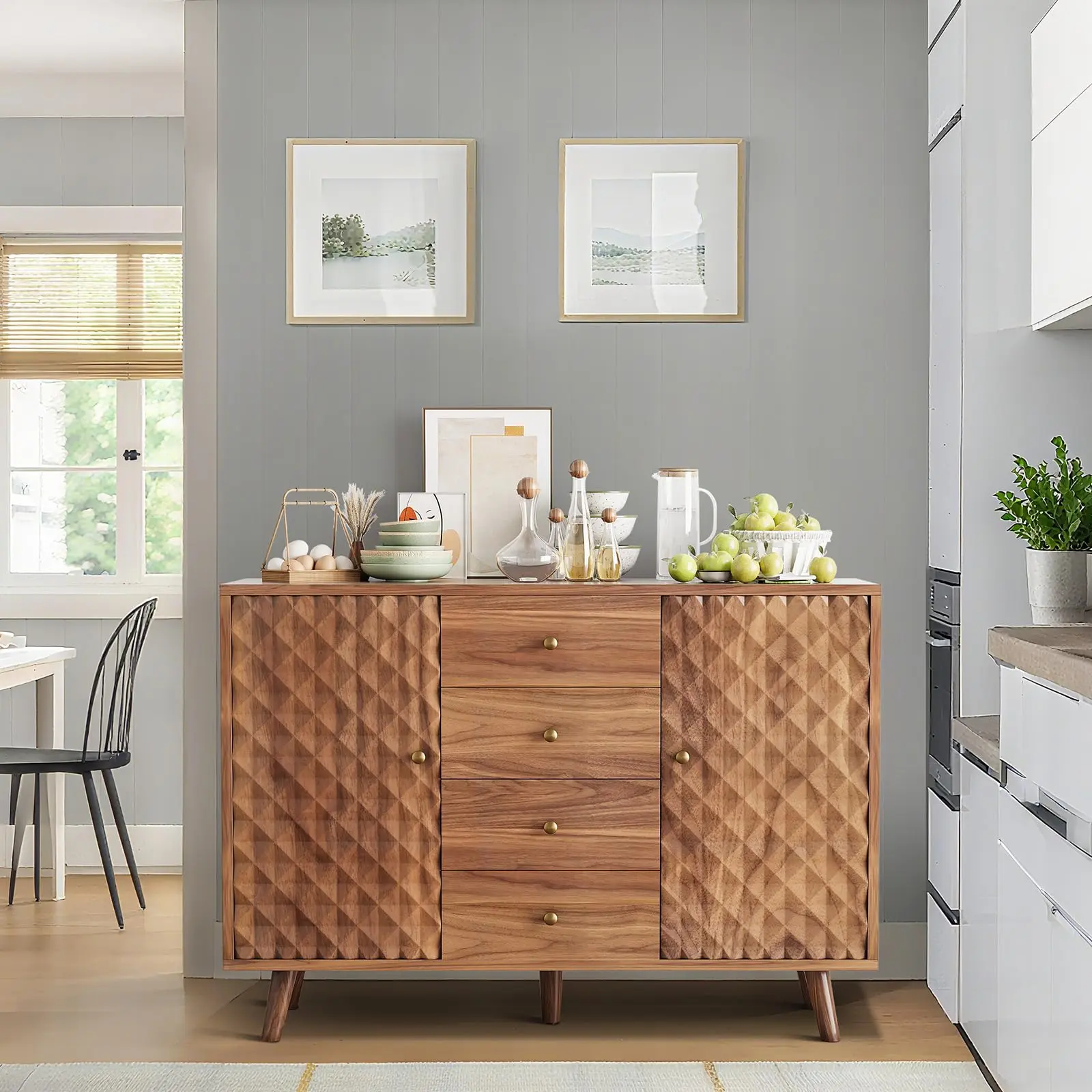 GARVEEFarmhouse Buffet Cabinet with Storage, Featuring 2 Doors and 4 Drawers, Mid Century Wood Sideboard for Kitchen, Dining Room, and Living Room