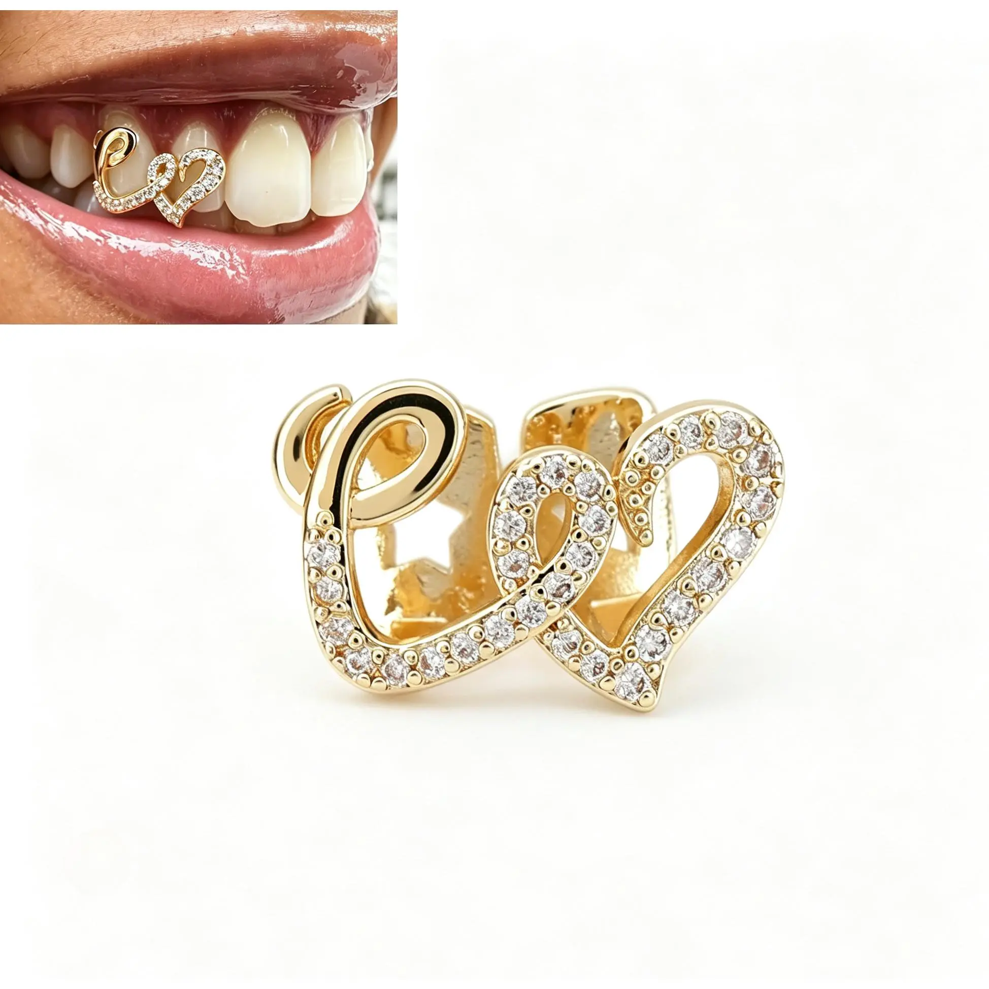 Iced Out Double Heart Teeth Grillz Hip Hop Cubic Zirconia Tooth Caps, Bling Gold Silver Grills for Men Women, Rapper Cosplay Jewelry Gift for Party Halloween Hip Hop Accessories