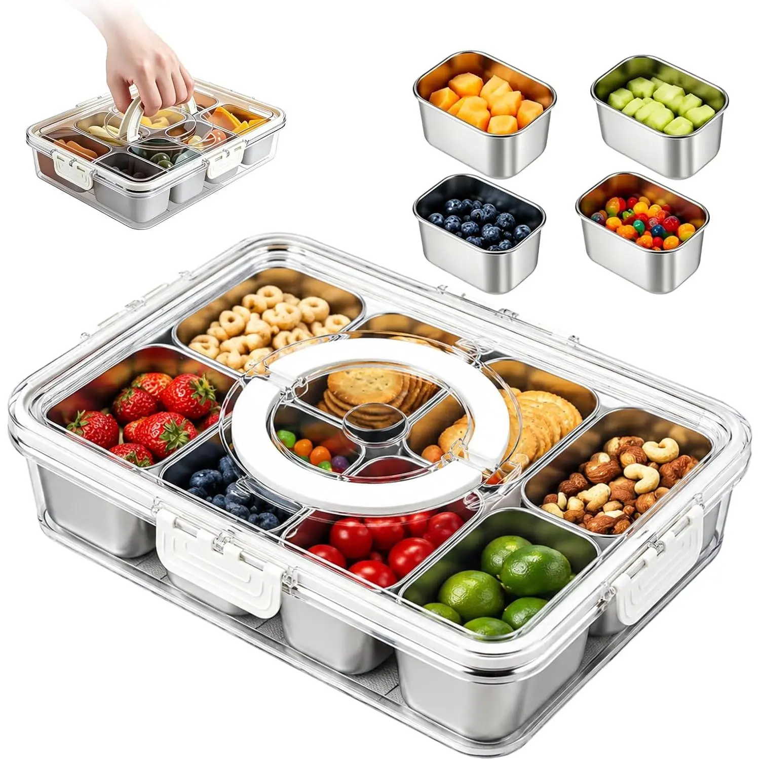 Snackle Box with 8 Removable Stainless Steel Compartments and Handle | 304 Stainless Steel & Odor-Free: Rust-proof inserts & a sealed lid keep fruits, nuts & dips  for work, camp or travel.