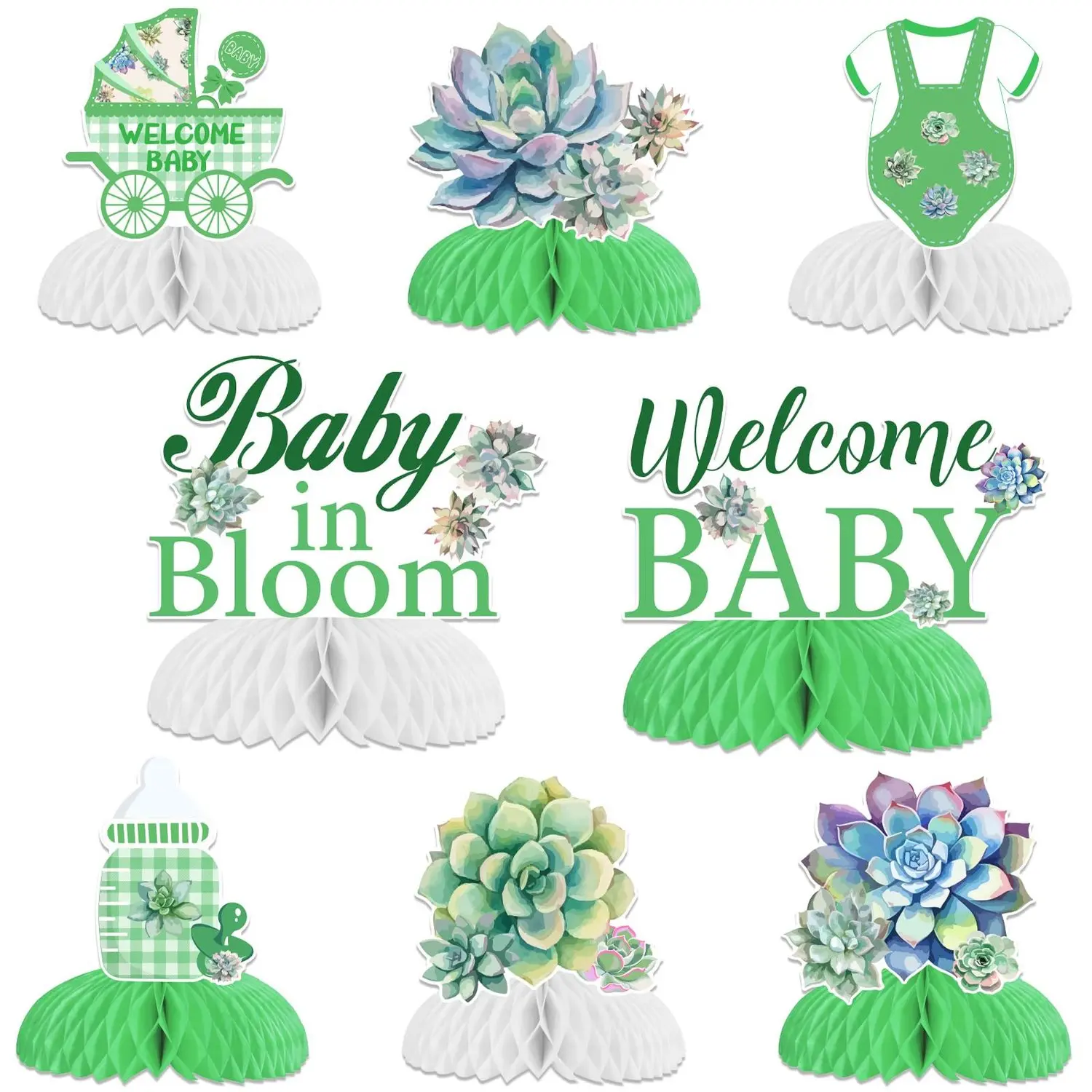 8pcs Succulent Baby Shower Honeycomb Centerpieces Baby in Bloom Table Topper Decorations Green Baby Shower Decorations Birthday Party Supplies Gender Reveal Party