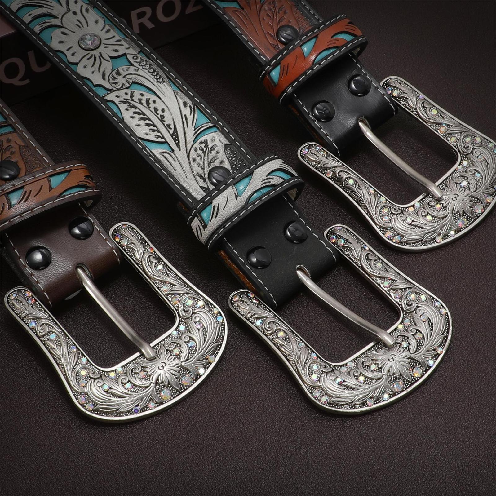 XZQTIVE Unveils Timeless Western Glamour: A Versatile, Cowboy-Inspired Leather Belt Adorned with Intricate Floral Embossing & a Captivating Rhinestone-Encrusted Turquoise Longhorn Buckle for All Boho Leaf Embossed Western Belt SpringStatements