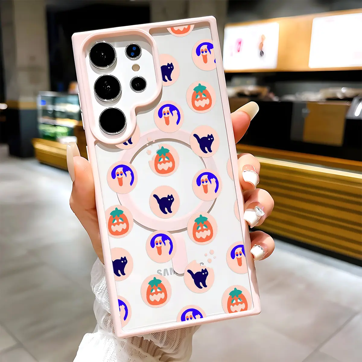 Pastel Purple Ghost Black Cat Pumpkin Cookie Dot Clear Magnetic Phone Case, Compatible with MagSafe Silicone Bumper Protective Cover For Samsung S26 S25 S24 S23 S22 Ultra Plus FE, Cute Halloween Doodle Style