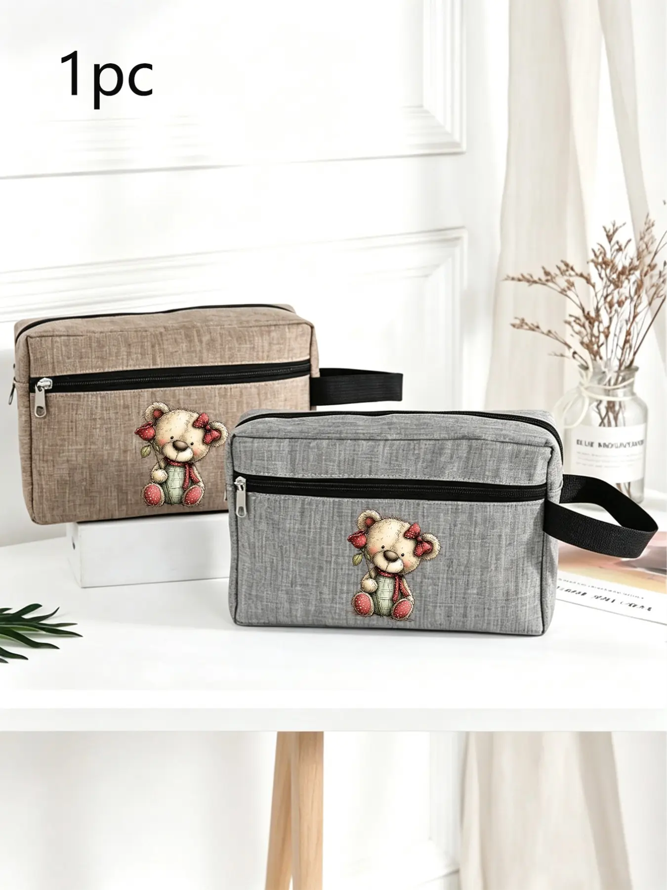 Minimalist Oxford Fabric Cosmetic Bag, Cute Bear Print, Portable Makeup Organizer with Handle, Unisex Travel Bag for Gym, Office, Bathroom