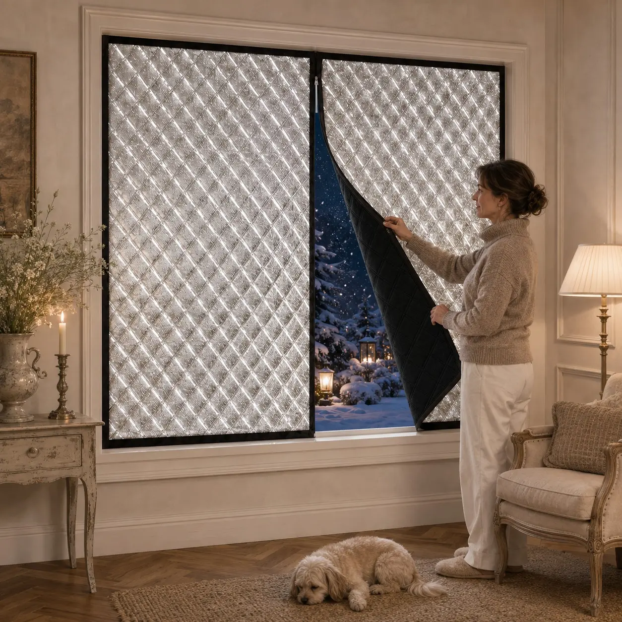 Winter Thermal Window Curtain with Zipper, No-Drill Self-Adhesive Insulated Window Cover, Removable Foldable Draft Blocker for Indoor Heat Retention