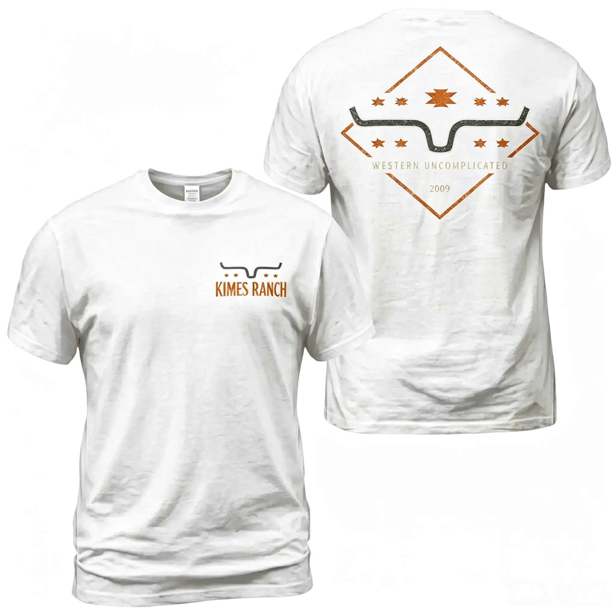 Kimes Ranch Western Aztec Diamond T-Shirt, Western Ranch Graphic Tee, Bull Horn Logo Navy Country Shirt, Front Chest Logo And Large Back Print Tee, Cowboy Rodeo Outfit Gift For Men And Women
