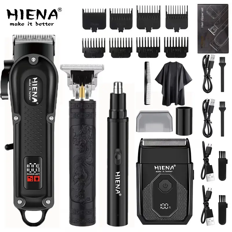 HIENA Men’s 4-in-1 Grooming Kit, LED Digital Hair Clipper, Dragon Pattern Detail Trimmer, Reciprocating Shaver & Nose Trimmer, Quiet Fast Charging with Guide Combs, Home & Barbershop Use, Anti-Jam Hair Gentle on Skin