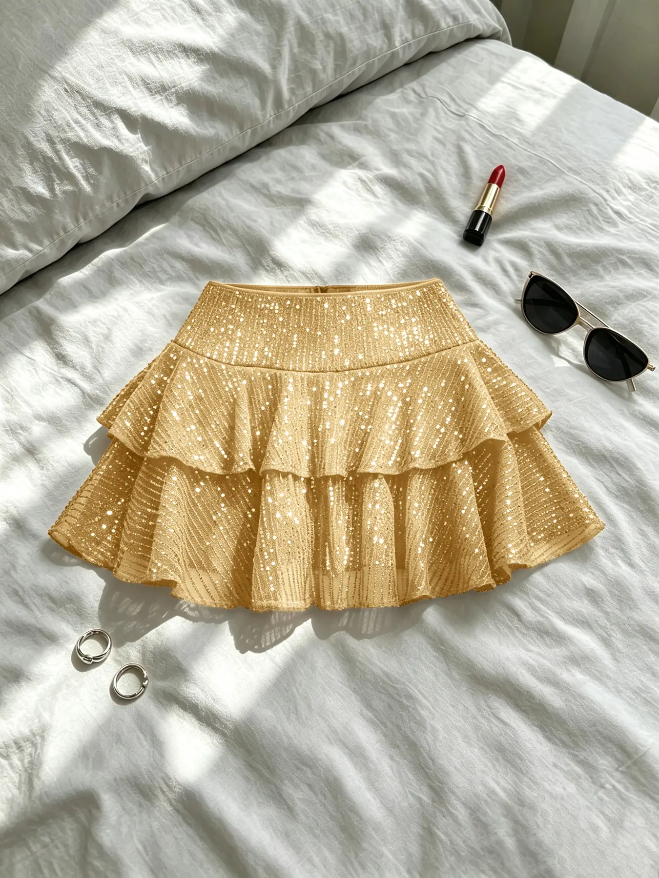 New Women's Sequin Mini Skirt, High Waist Double-Layer Ruffled Mesh Design, Perfect for Daily Shopping, Dates, Parties and Outings