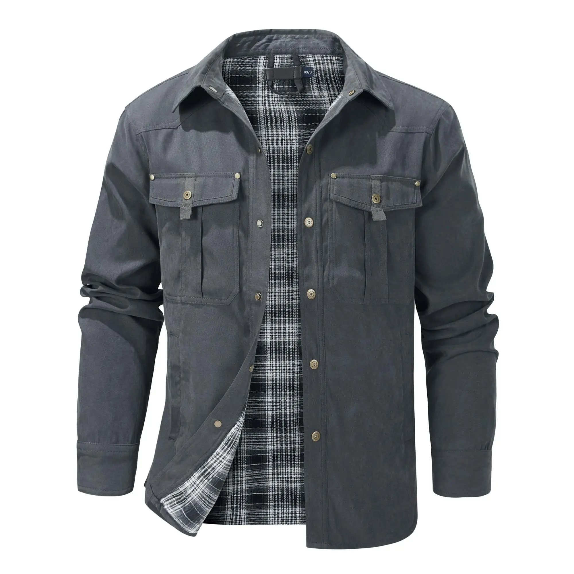 BIGWIG Men's Plaid Flannel Jacket, Winter Bomber Jacket, Warm Workwear Jacket, Flannel Lined, Lightweight Snap Button, Lapel Casual Jacket, Retro Western Style Jacket
