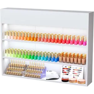 OmySalon Wall Mounted Display Rack, 47.6-Inch 3-Tier LED Nail Polish Organizer Shelf with USB Touch Control, for Nail Salon, Spa, Beauty Studio Storage, Wooden Retail Display