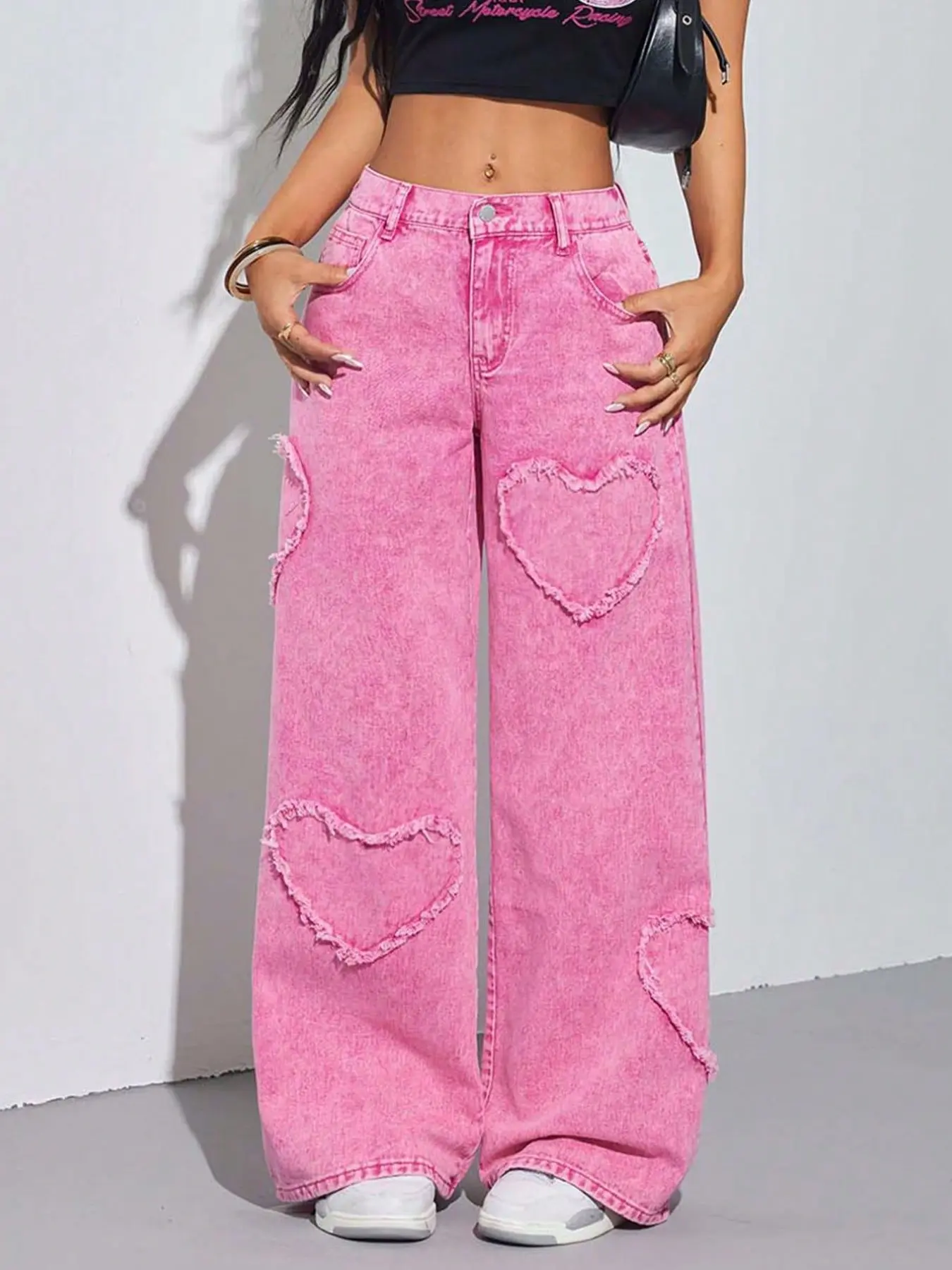 Y2K High-Waisted Heart Hem Wide Leg Jeans, Sweet Cool Drop Waist Long Pants, Trendy Fashionable Denim Bottoms for Women