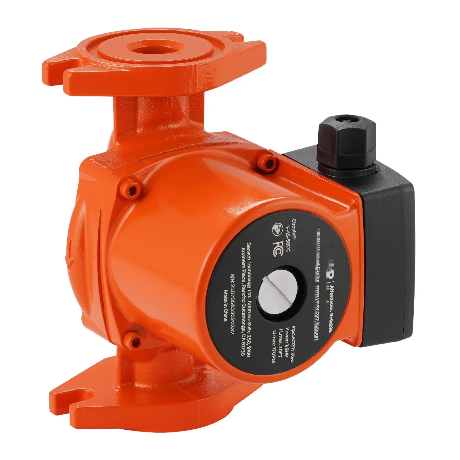 F-15-58FC Cast Iron Circulator Pump for Hot Water Circulation, 1/9 HP, 17 GPM, High Efficiency Hydronic Boiler And Radiant Heating System Circulator, Residential Domestic Water Heating Circulation, Durable Cast Iron Construction