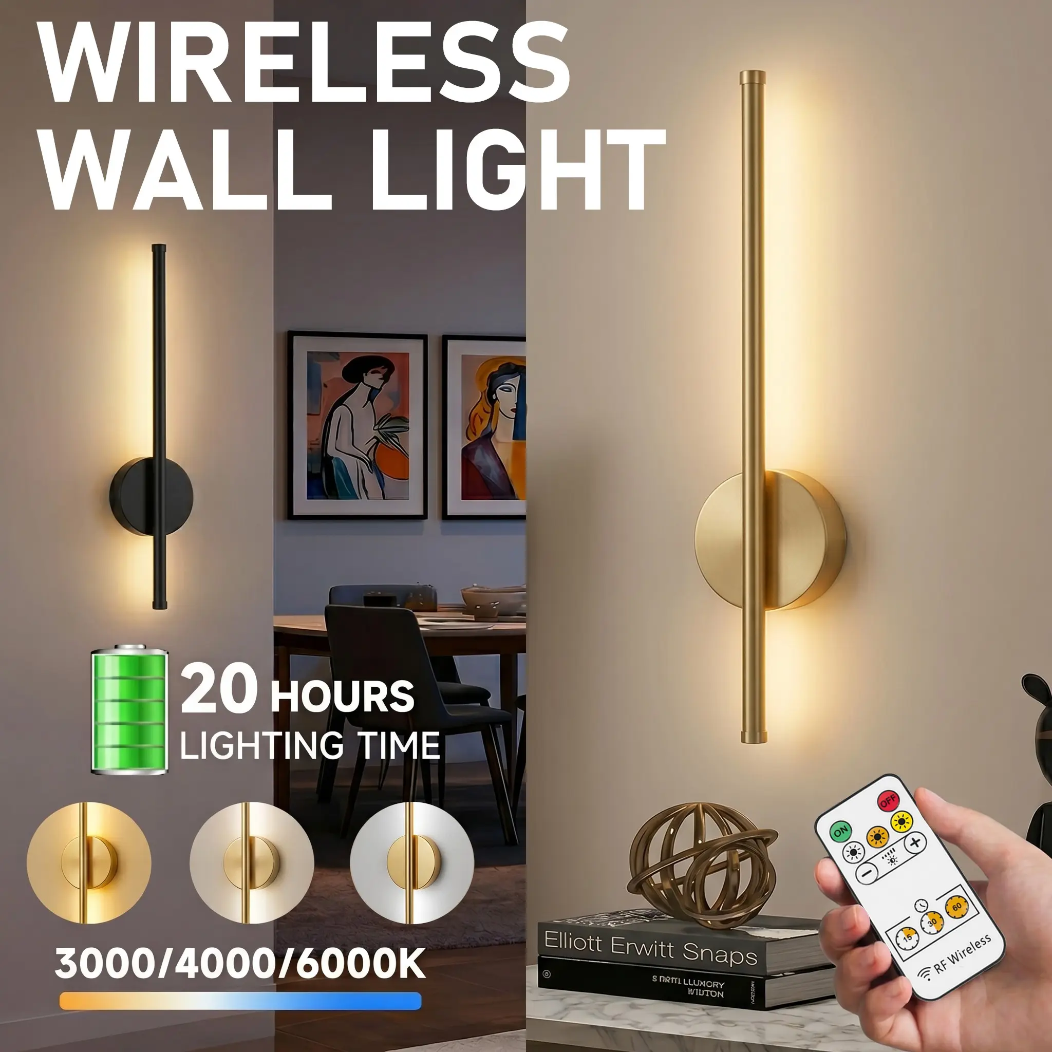 1/2Pcs Rechargeable Wall Lamp, Modern LED Black/Gold 50cm Linear Design Home Decor Indoor Wall Light, Wireless Magnetic Mounting, Remote-Controlled Three-Color Dimming, For Bedrooms, Living Rooms, Home Offices, Hallways, Rechargeable Wall Sconces