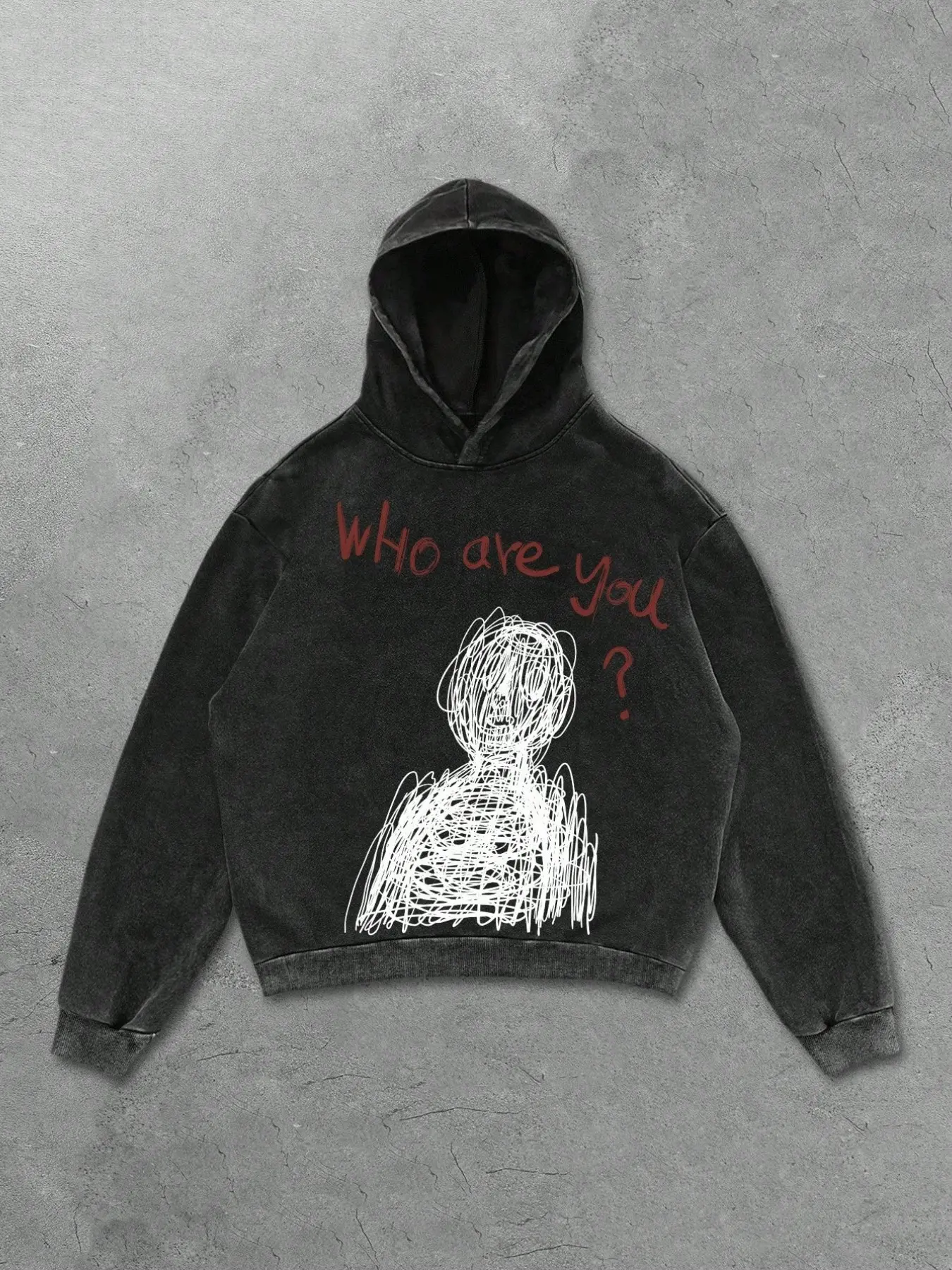 1PC Hoodie Men Y2K Grunge Washed Black Who Are You Scribble Graphic Oversized Sweatshirt for Unisex Streetwear Daily Wear