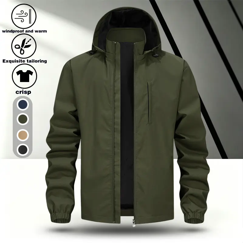 Solid color basic hooded assault jacket for men in spring and autumn, thin waterproof and windproof jacket, loose and versatile outdoor casual jacket