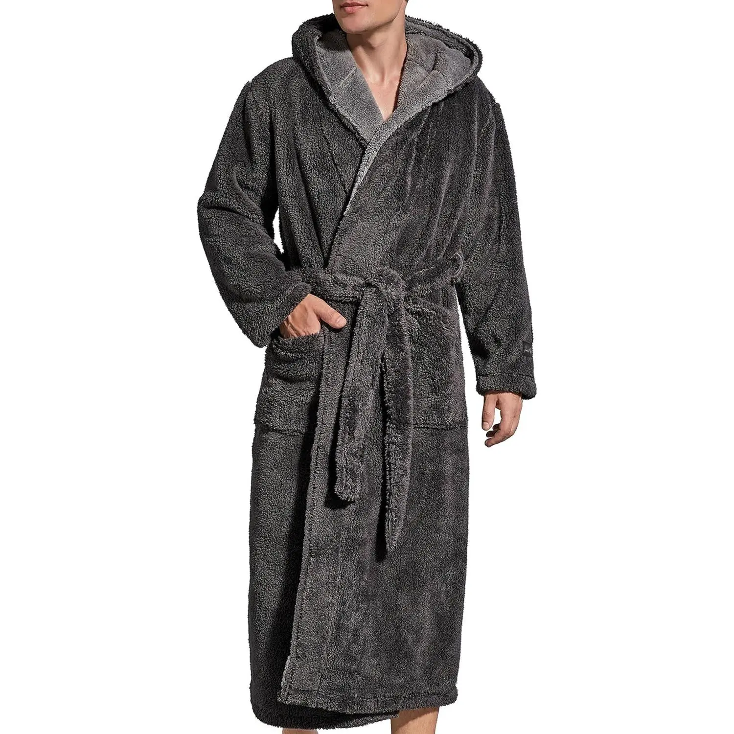 SlumberMee Menswear Thermal Velvet Fleece Plush Hooded Robe, Ultra Soft Full-Length Men's Nightwear with Deep Pockets, Luxurious Loungewear House Coat, Velvet Fabric, House Robe, Contrast Hood, Dual-Belt Tie