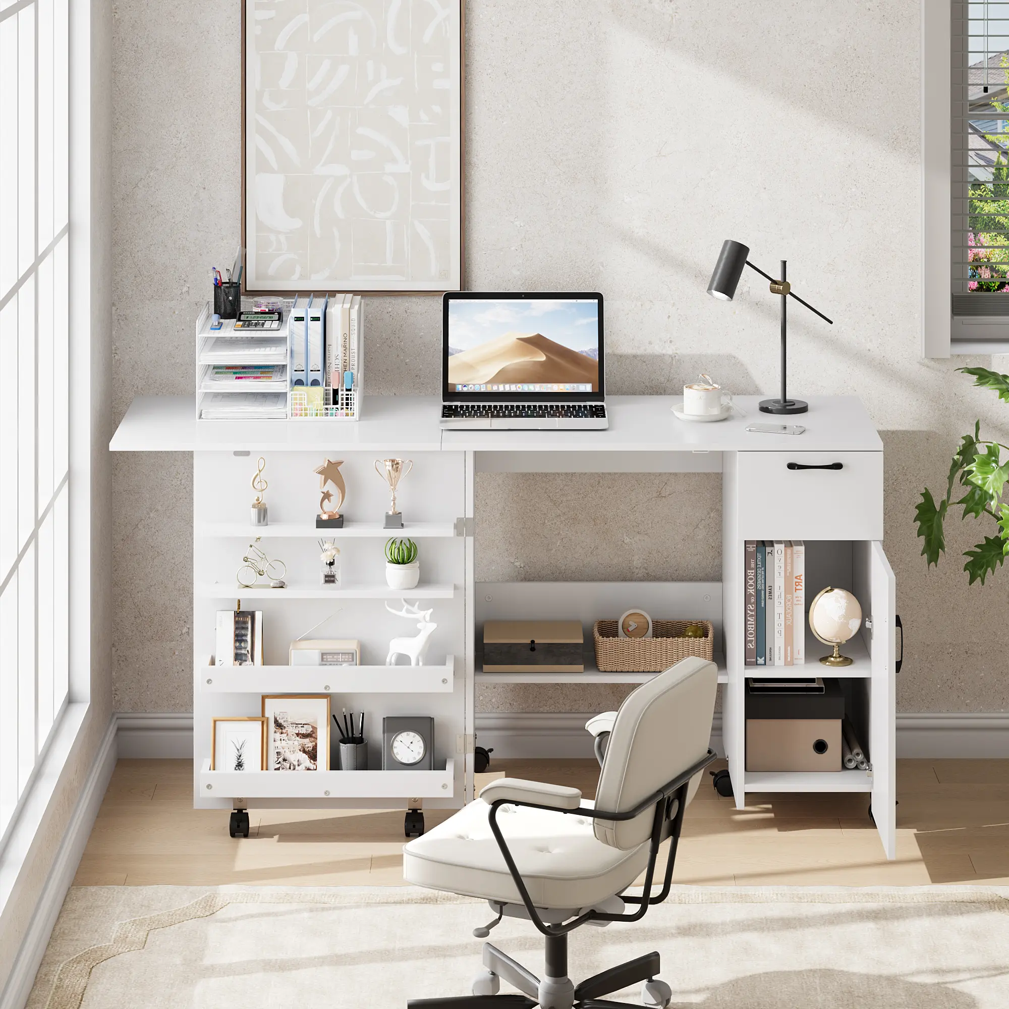 Folding Entryway Storage Cabinet – Multi-Functional Sewing Table with Adjustable Height, Sliding Drawer, Storage Shelves, Lockable Wheels – Sturdy, Space-Saving Craft Desk for Home, Bedroom, Small Spaces
