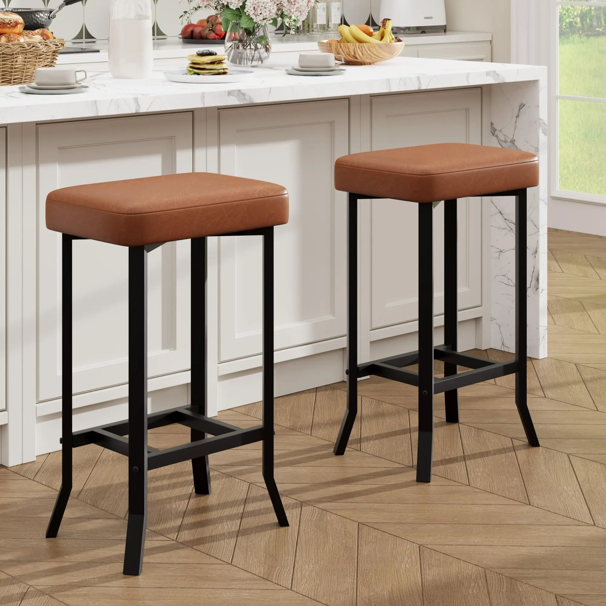 24-Inch Counter Height Armless Bar Stools (Set of 2 or 4) - Premium Faux Leather, Irregular Metal Legs, Space Saving Furniture, Modern Compact Seats for Kitchen, Home Bar, Multiple Color Options, Without Arms