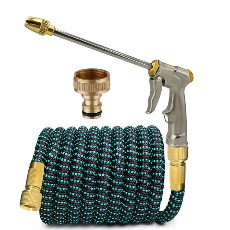 Long Rod All Metal High Pressure Car Wash Gun Expandable Magic Garden Hose Kit, 3X Stretch Retractable Flexible Water Hose With Solid Brass Quick Connector For Vehicle Washing, Driveway Cleaning & Garden Irrigation