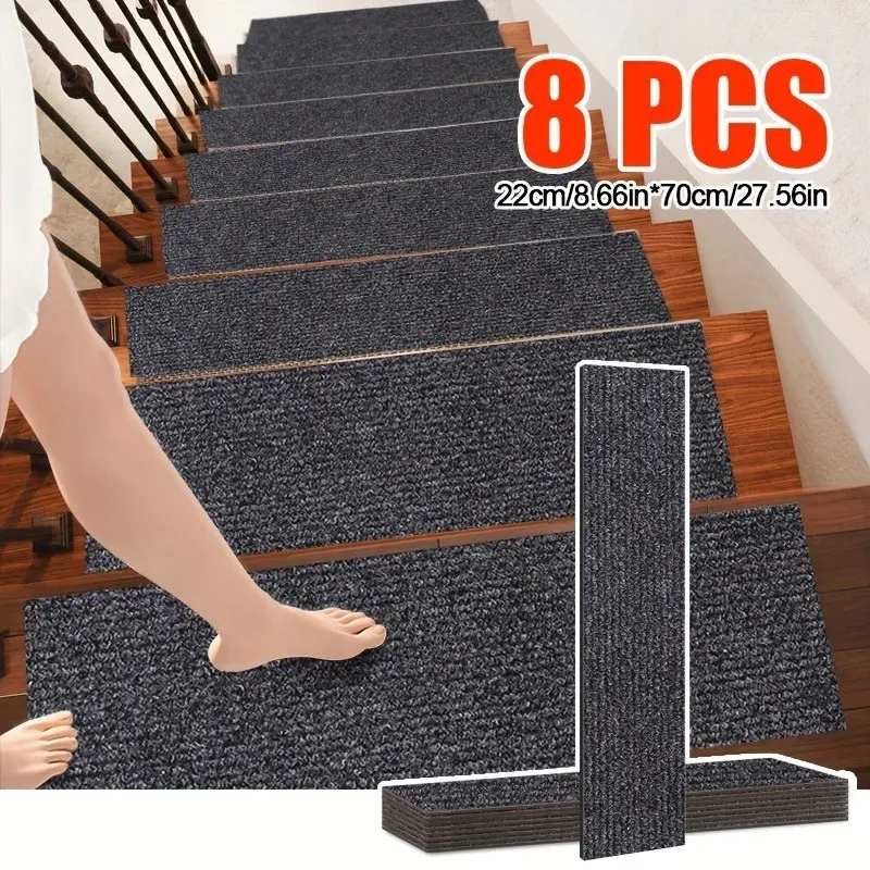 8-Piece Stair Mat Set, Stair Tread Rug, Extended Non-Slip Carpet, Reusable Adhesive, Easy Installation, Durable Safety Steps for Home and Pets