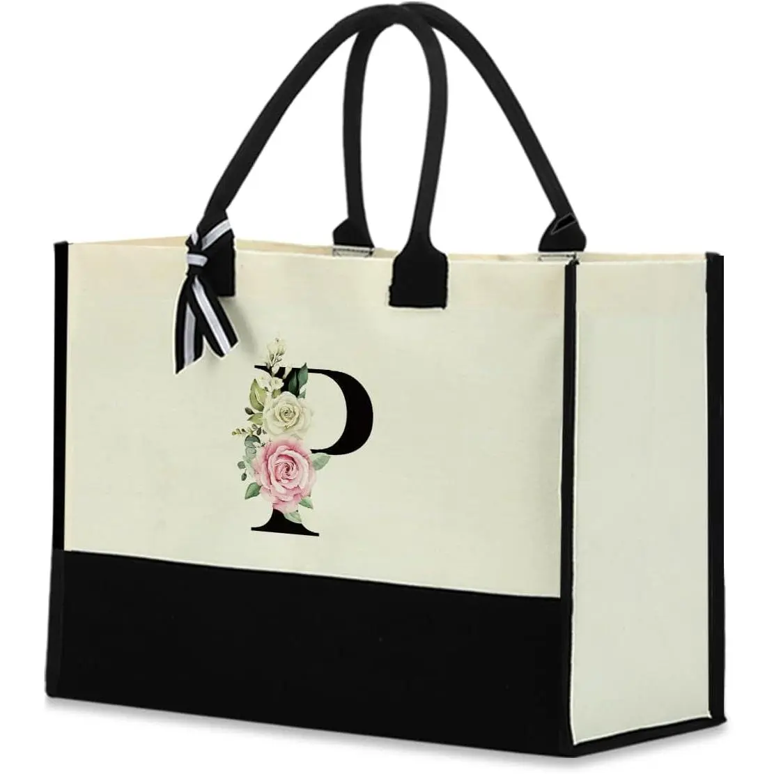 Monogrammed Tote Bags Floral Letter Initial Bag Personalized Beach Bag Monogrammed Gifts for Women Bridesmaids Wedding(Gift)