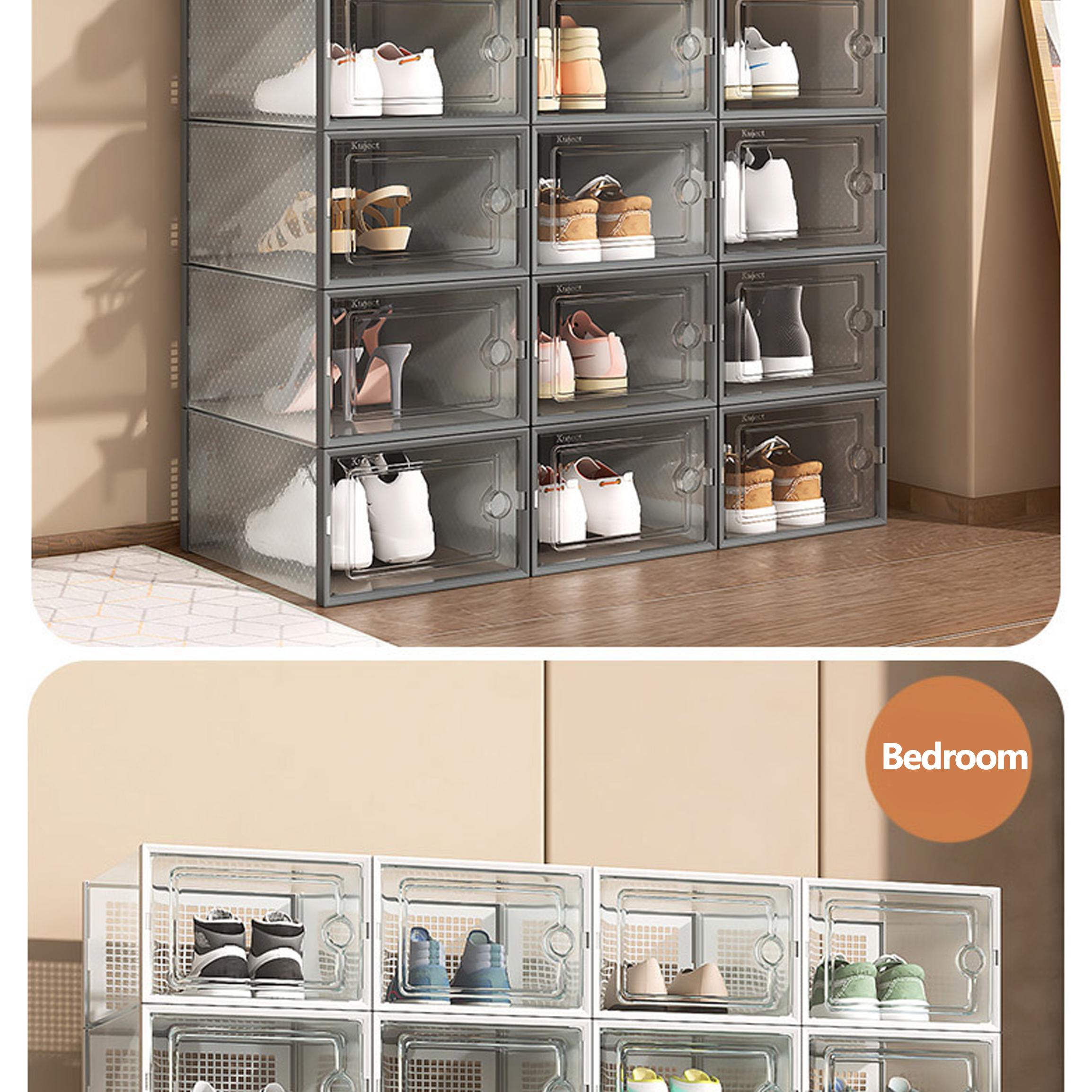 6/12/18/24 pcs Large Capacity Thickened Transparent Plastic Shoe Boxes With Clip-On Lid - Foldable, Stackable, Space-Saving Storage Organizer For Multipurpose Use In Entryway, Bedroom, Home, Dorm, Etc - Easy To Assemble,shoe cabinet storage