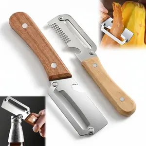 2Pcs 2-in-1 Fruit Peeler Knife – Multi-Function Stainless Steel Thickened for Sugar Cane & Pineapple Skin Removal, Veggie Peeler with Bottle Opener, Ergonomic Wooden Handle, Non-Slip Grip Kitchen Tool for Comfort