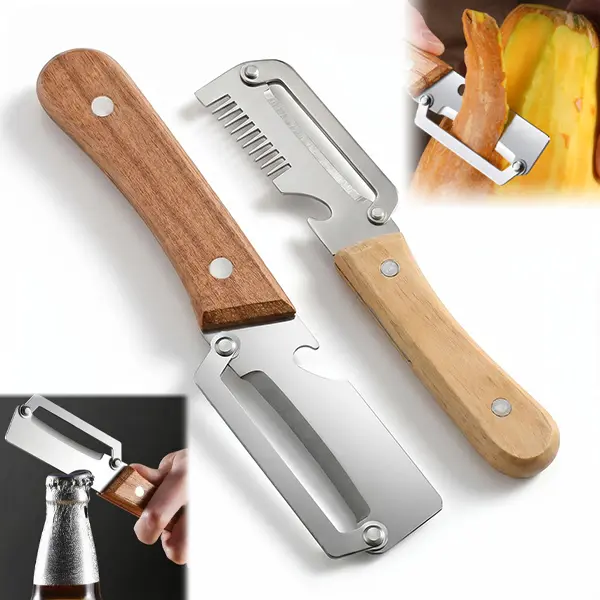 2Pcs 2-in-1 Fruit Peeler Knife – Multi-Function Stainless Steel Thickened for Sugar Cane & Pineapple Skin Removal, Veggie Peeler with Bottle Opener, Ergonomic Wooden Handle, Non-Slip Grip Kitchen Tool for Comfort