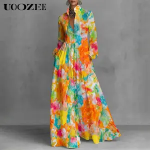 UOOZEE Women's Watercolor Floral Print Maxi Dress, Lightweight Polyester A-Line Shirt Style with Long Balloon Sleeves & Pockets, High Waist Resort Vacation Wear