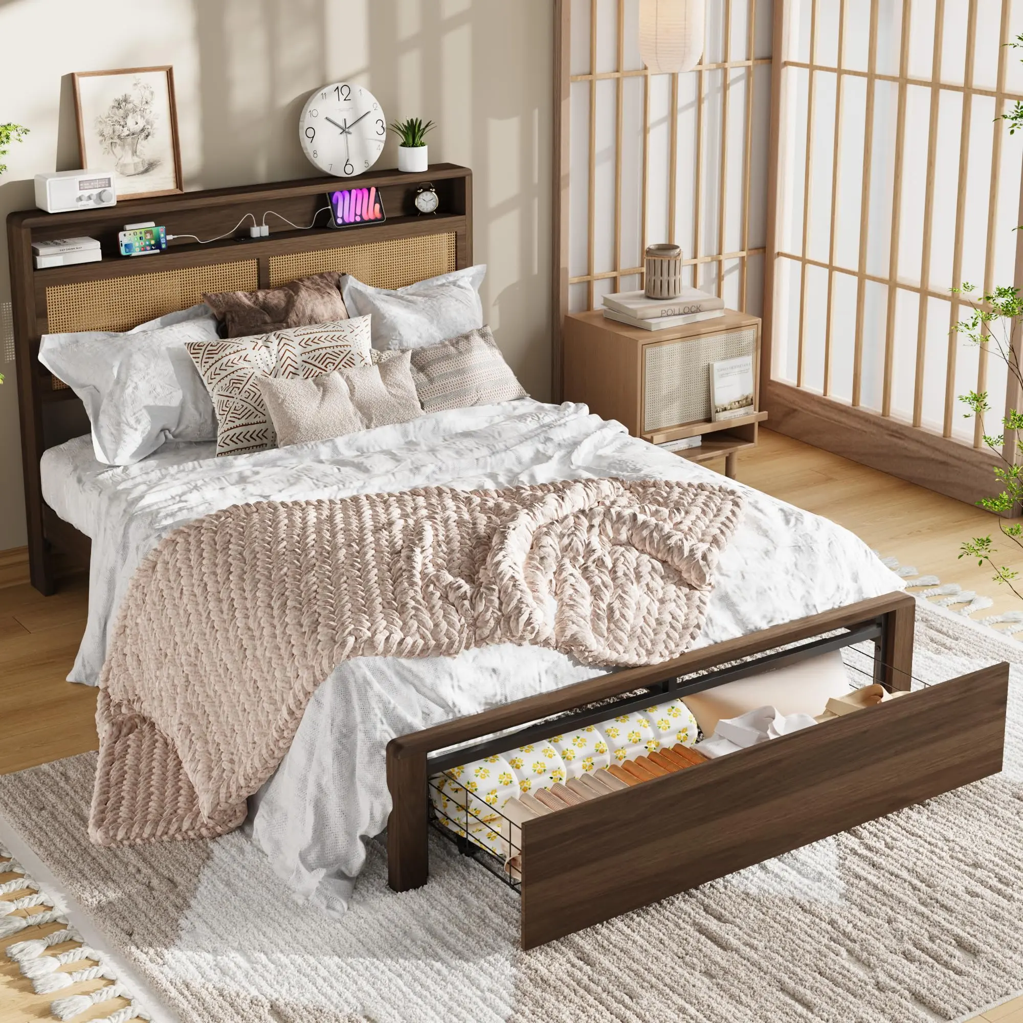 Full Wooden Rattan Country Farmhouse Style Bed Frame with Bohemian Cane Headboard & Storage & LED Lights, Charging Station, Wooden Slats, Noise-Free, No Box Spring Needed,