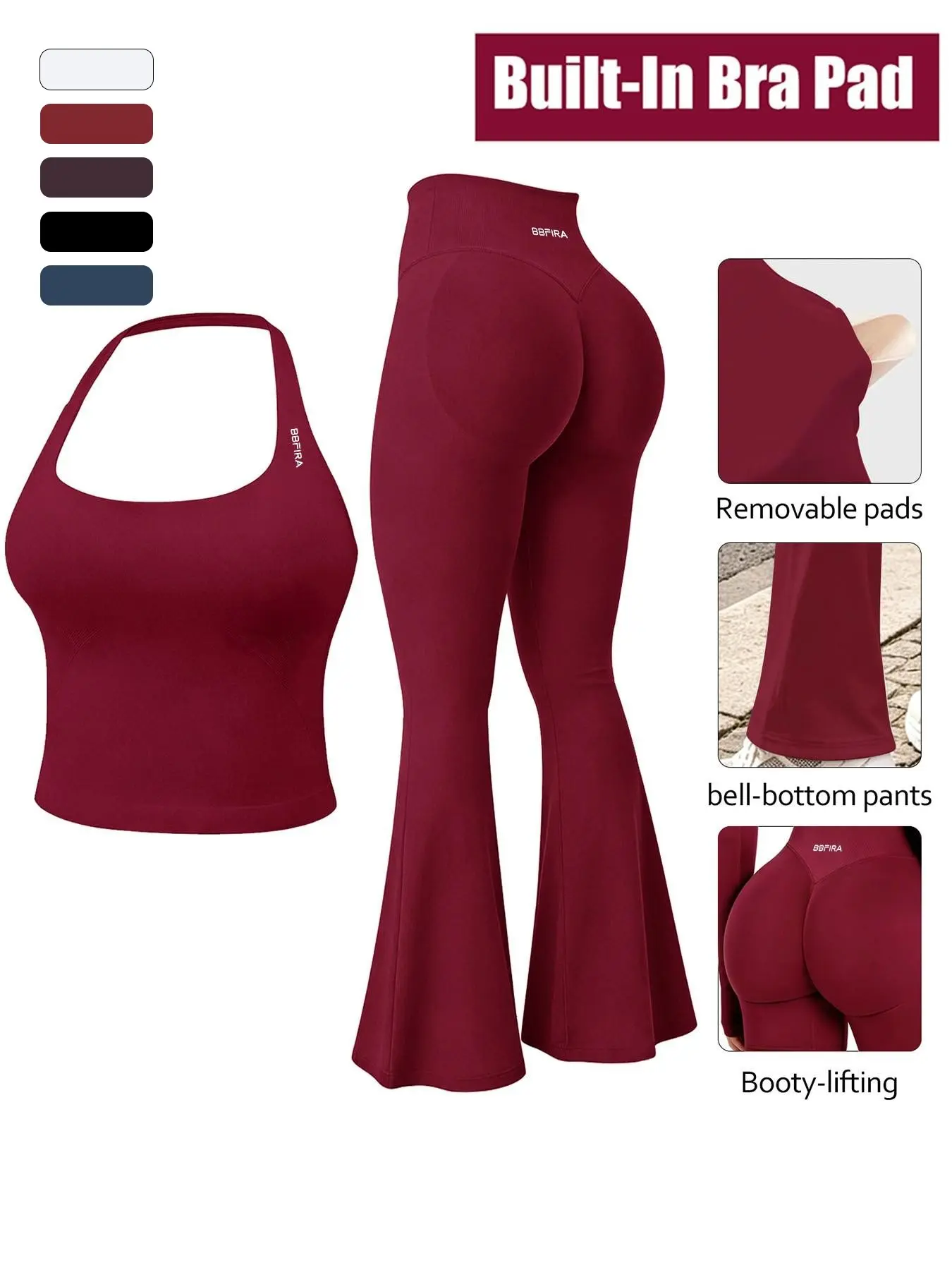 Women's Seamless Knit Sports Set with Removable Pads, Activewear Set, Halter Neck Tank Top & High Stretch Butt Lifting Flare-Leg Pants. 2-Piece Outfit, Breathable & Sweat-Wicking, Perfect For Workout, Running & Fitness, Seamless Gym Set, Workout Sets