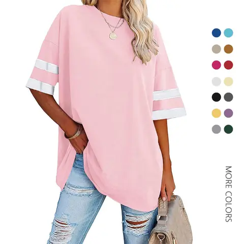 Danedvi Women's Soft Cotton Crew Neck Half-Sleeve Oversized Tshirt Top - Loose Baggy Color Block Solid Streetwear Summer Tunic, Everyday Wear, Casual Gift