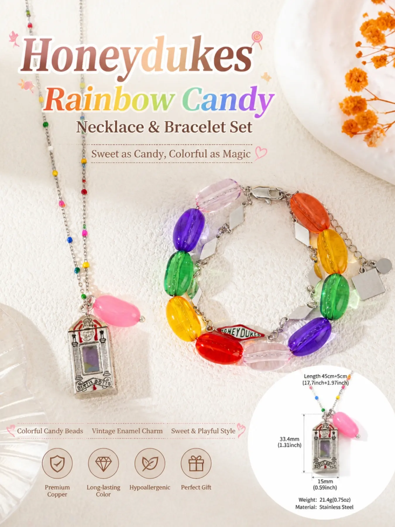 Honey Duke Rainbow Candy Necklace Bracelet Set, Copper Material, Colorfast, Sweet Girl Daily Accessory, Creative Gift, TV Show Merchandise
