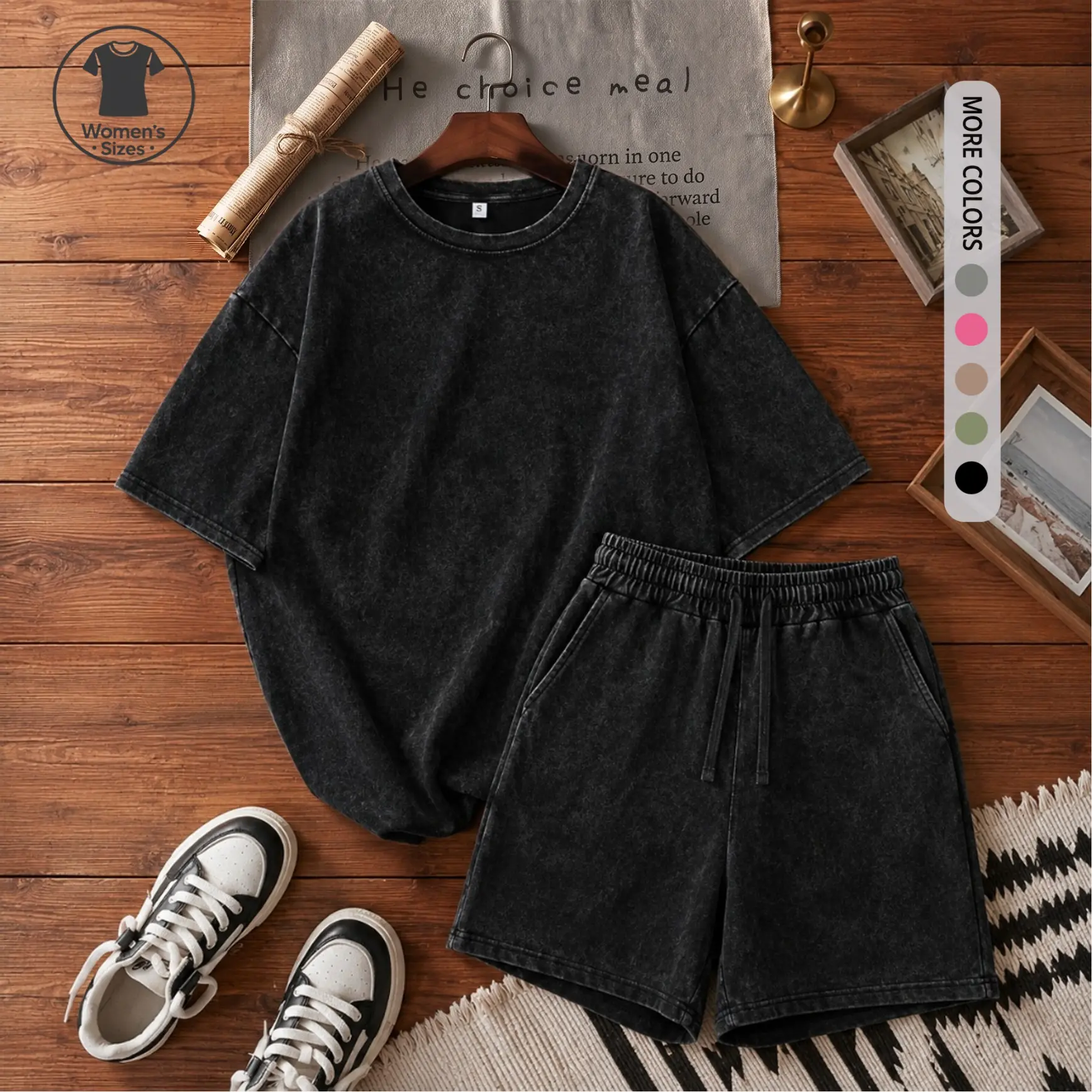 Women’s 100% Cotton Solid Washed T-Shirt & Bermuda Shorts Set, Casual Crew Neck Two-Piece Outfit With Drawstring Waist, Soft Vintage Look