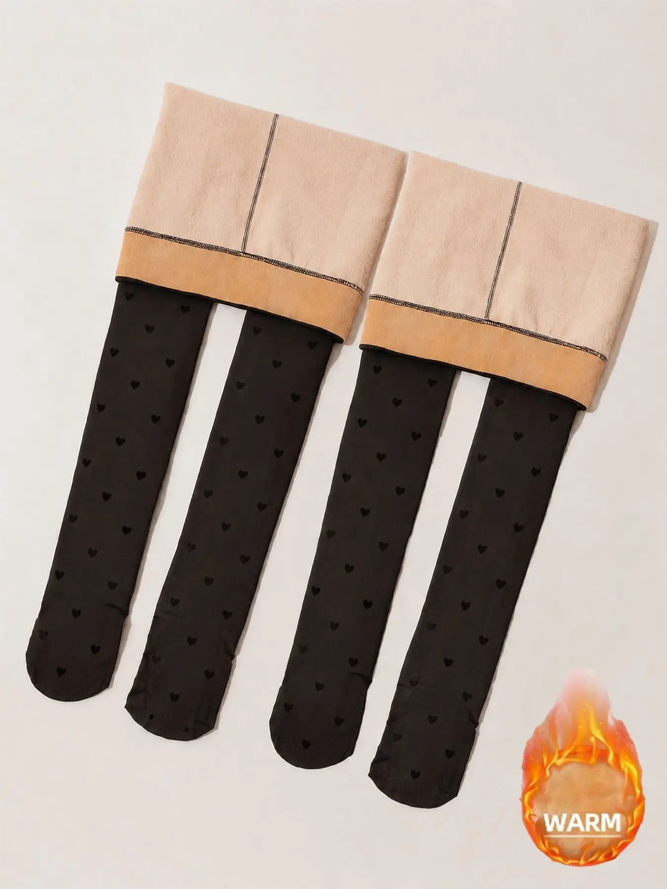 2 Pairs Women's Thickened Fleece Heart Pattern Tight Stockings, Fall & Winter Warmth, Fashionable Outerwear, Sexy Fitted Plain Design