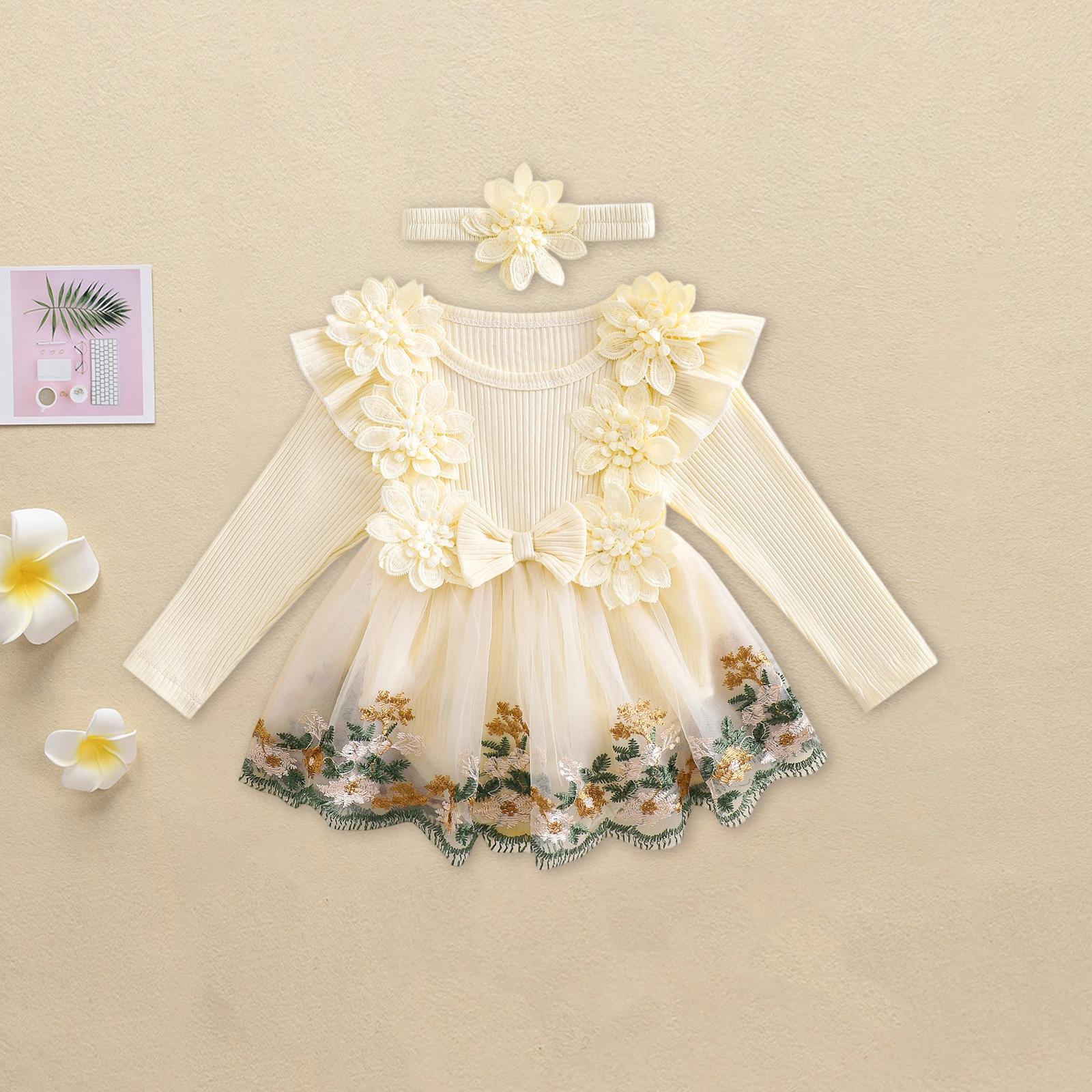 Baby Girl Romper Dress Embroidery Lace Flowers Baby Dress Romper Fall Winter Festival Clothes with Headband