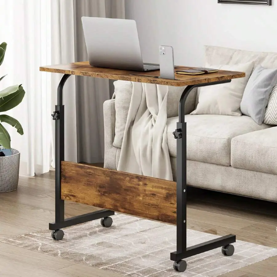 Vintage Wooden Top Rectangular Adjustable Standing Desk - Movable Side Table with Wheels, Built-In Slot for Home Office