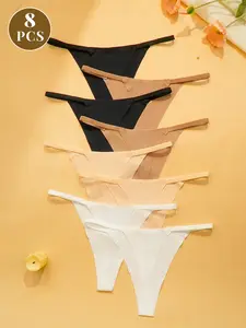 8-Pack Multicolor Sexy Casual Women's Thong Underwear, Slim-Fitting Plain Design, All-Seasons Comfortable Lingerie, Fitted Panties