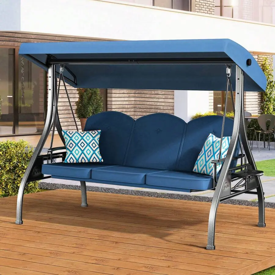 3 Seat Outdoor Porch Patio Swing With Stand 800lbs 2-In-1 Convertible Swing Bed With Adjustable Canopy & Removable Cushion For Yard Garden Deck