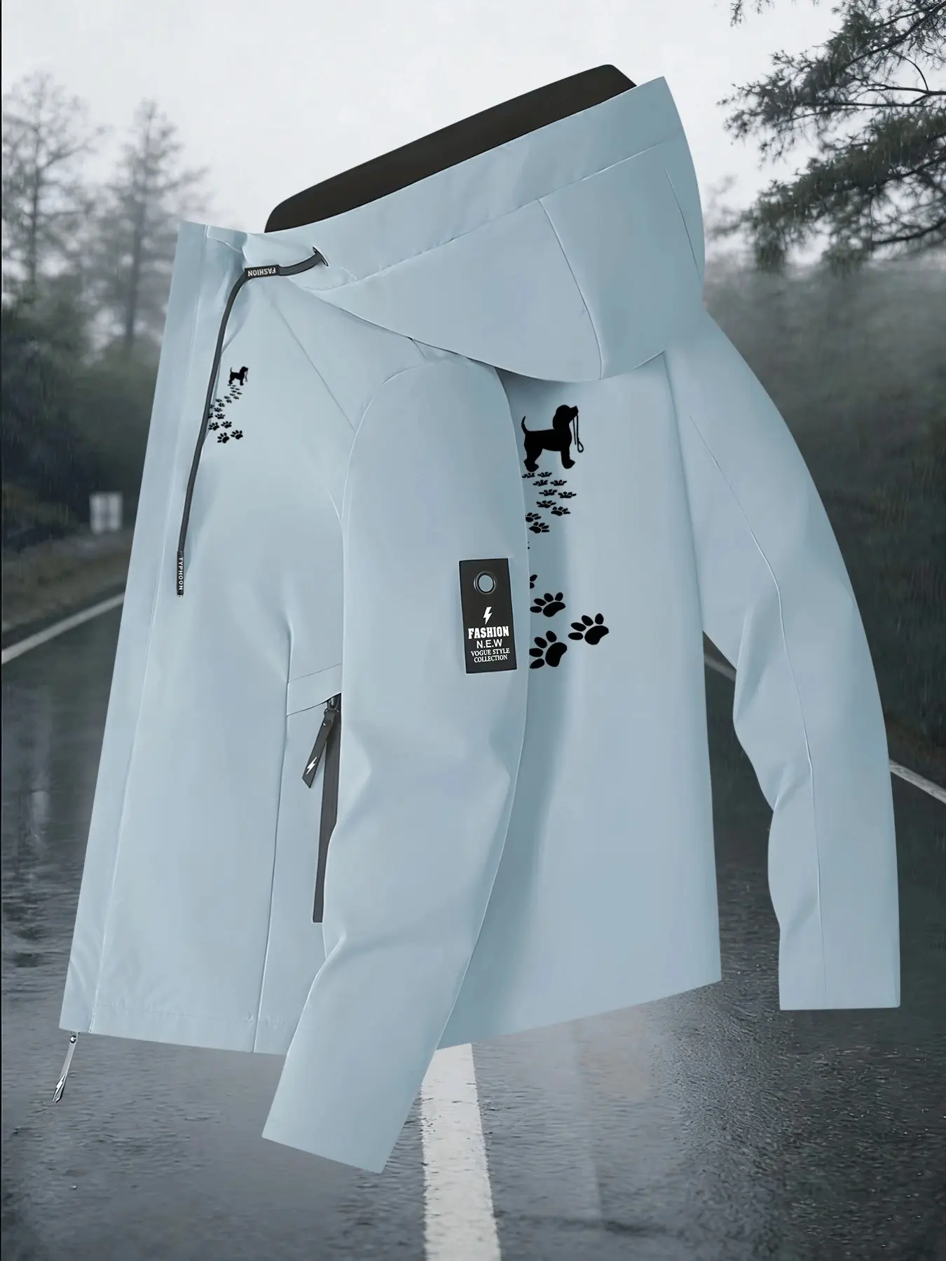 Unisex Hooded Windbreaker With Cute Walking Dog & Paw Print Loose Fall Winter Windproof Jacket Versatile Warm Coat For Daily Commute Outdoor Activities Breathable Wearable Machine Washable