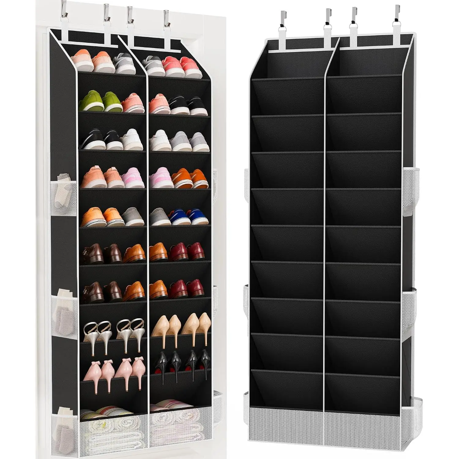 Over the Door Shoe Organizer, 20-30 Pairs Heavy-Duty  Shoe Storage with Large Pockets, 10-Tier Door Shoe Rack with 4 Hooks for Sneakers Sandals Heels Boots (Black)