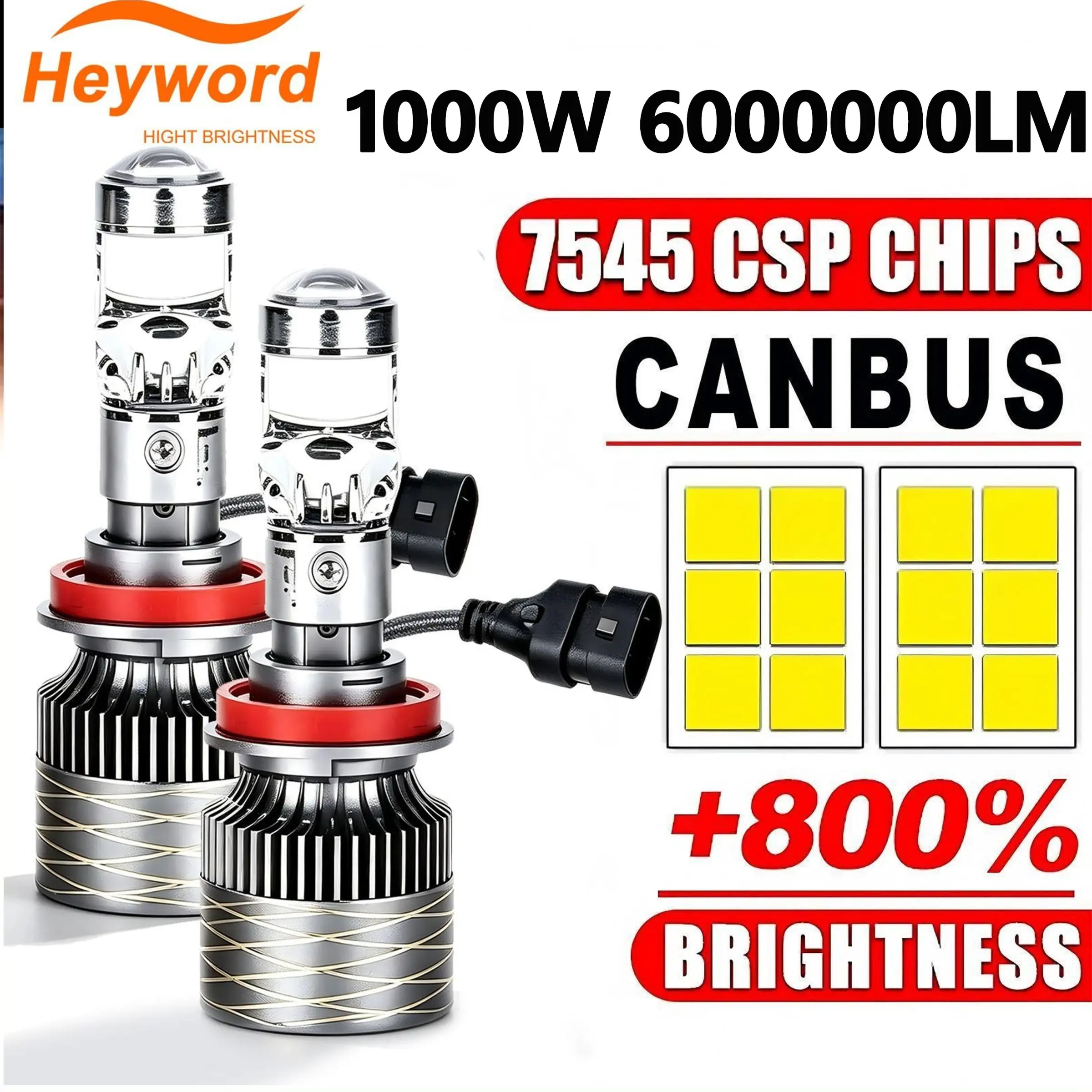 Heyword 2 Pcs 1000w H7 H4 H11 LED Mini Lens Car Headlights, 6000k Automotive Motorcycle Lights, Fog Lights for Vehicle Lighting