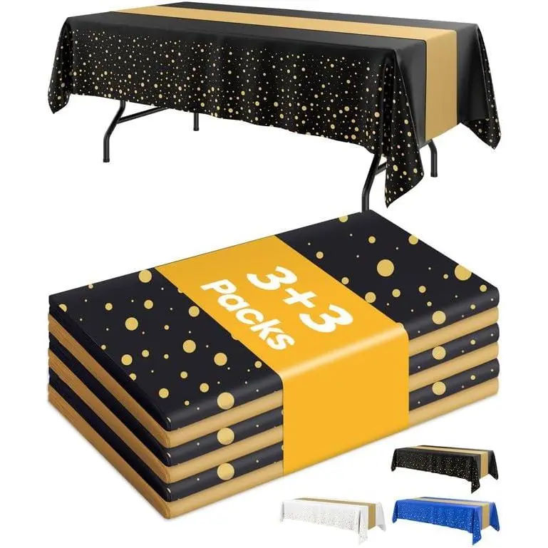 Graduation Decorations Table Cloth for Rectangle Table and Table Runner Set - 3 Pack, Black and  Plastic Tablecloth Disposable for Birthday, Wedding,  Shower,  Year